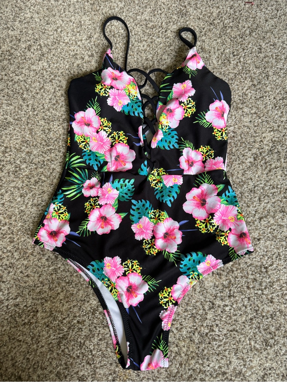 Women’s Black Floral One-Piece Swimsuit with Pink Hibiscus